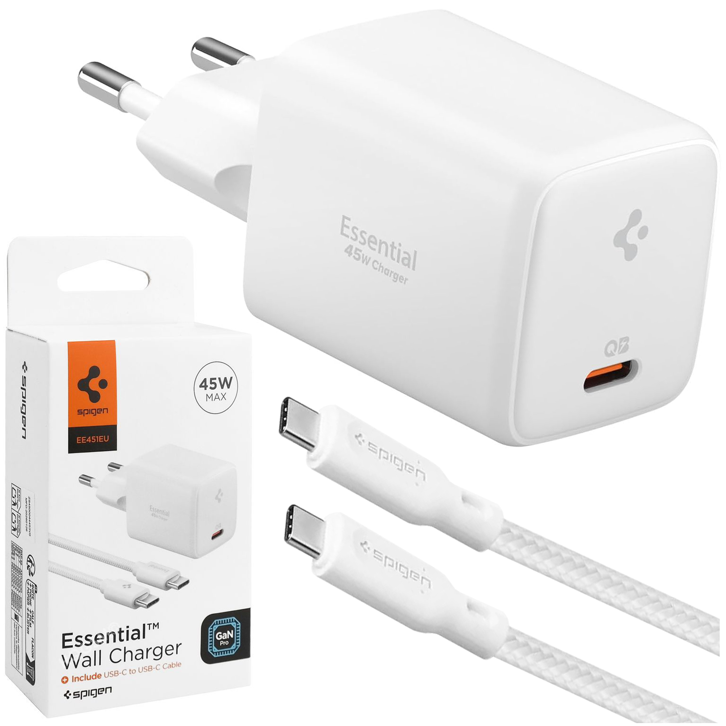 Spigen Essential | Szybka Ładowarka Sieciowa USB-C PD | 45W | Biała + Kabel USB-C