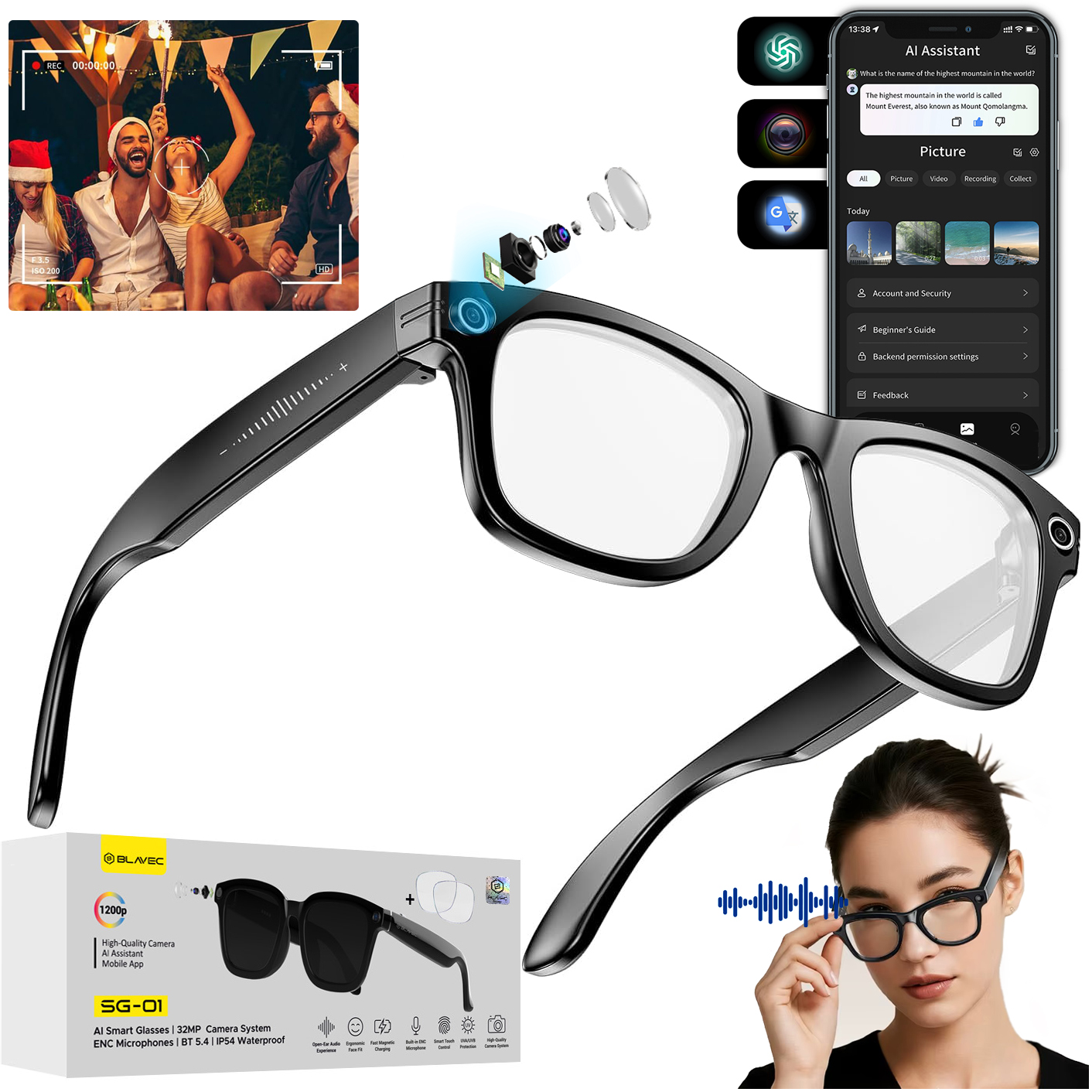 Blavec Smart Glasses | Inteligentne Okulary AI z Kamerą HD i Mikrofonem