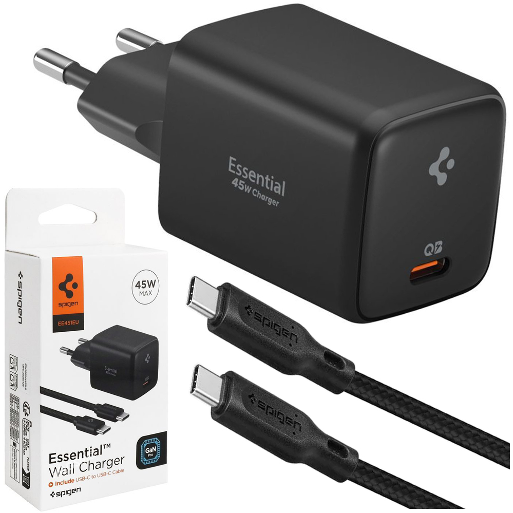 Spigen Essential | Szybka Ładowarka Sieciowa USB-C PD | GaN 45W | Czarna + Kabel USB-C