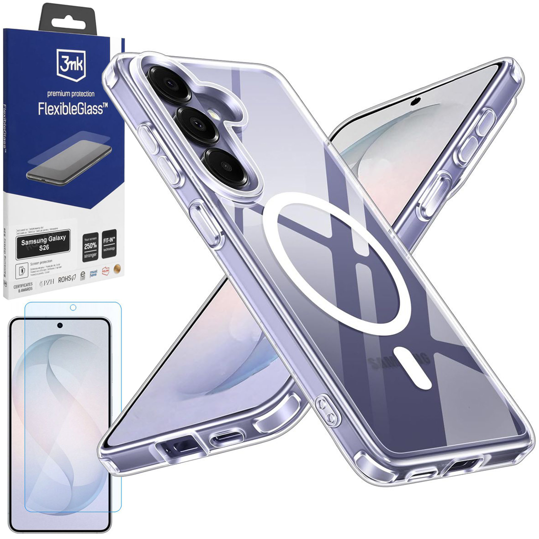 Etui Hybrydowe Magnetic Case | Clear White + SZKŁO 3mk Flexible Glass do Samsung Galaxy S26