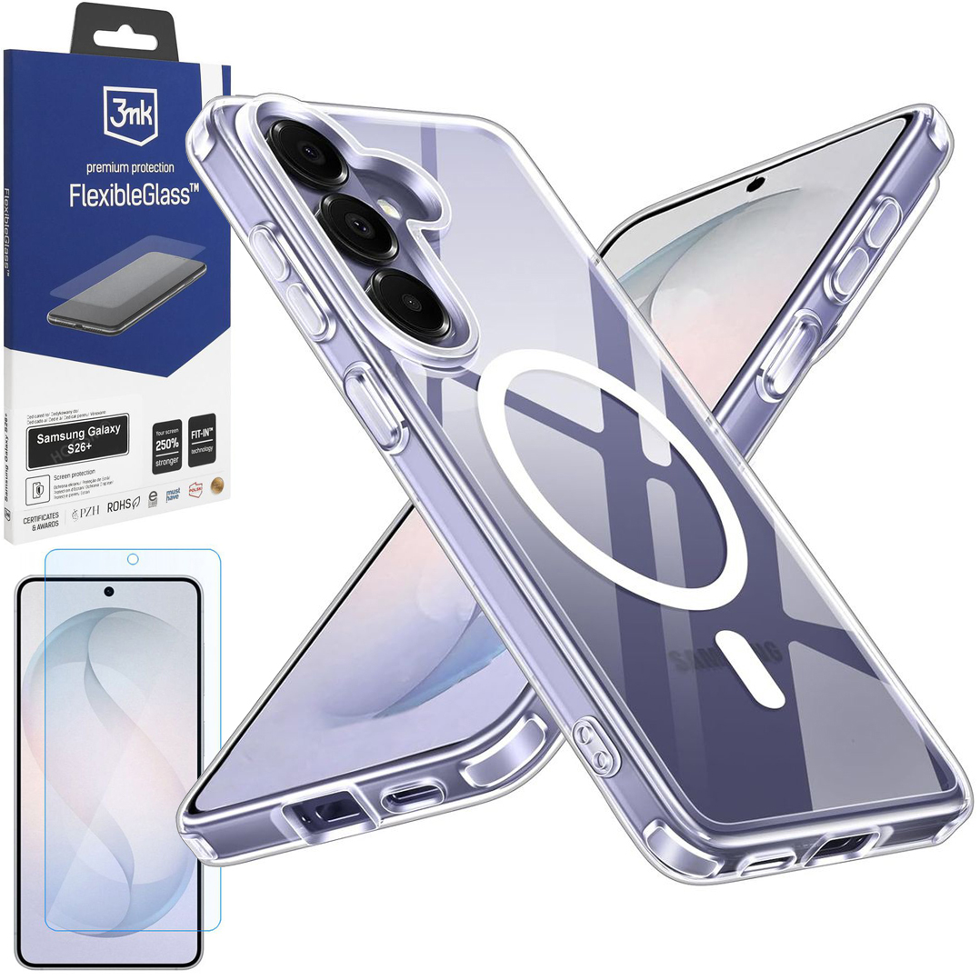 Etui Hybrydowe Magnetic Case | Clear White + SZKŁO 3mk Flexible Glass do Samsung Galaxy S26+ Plus