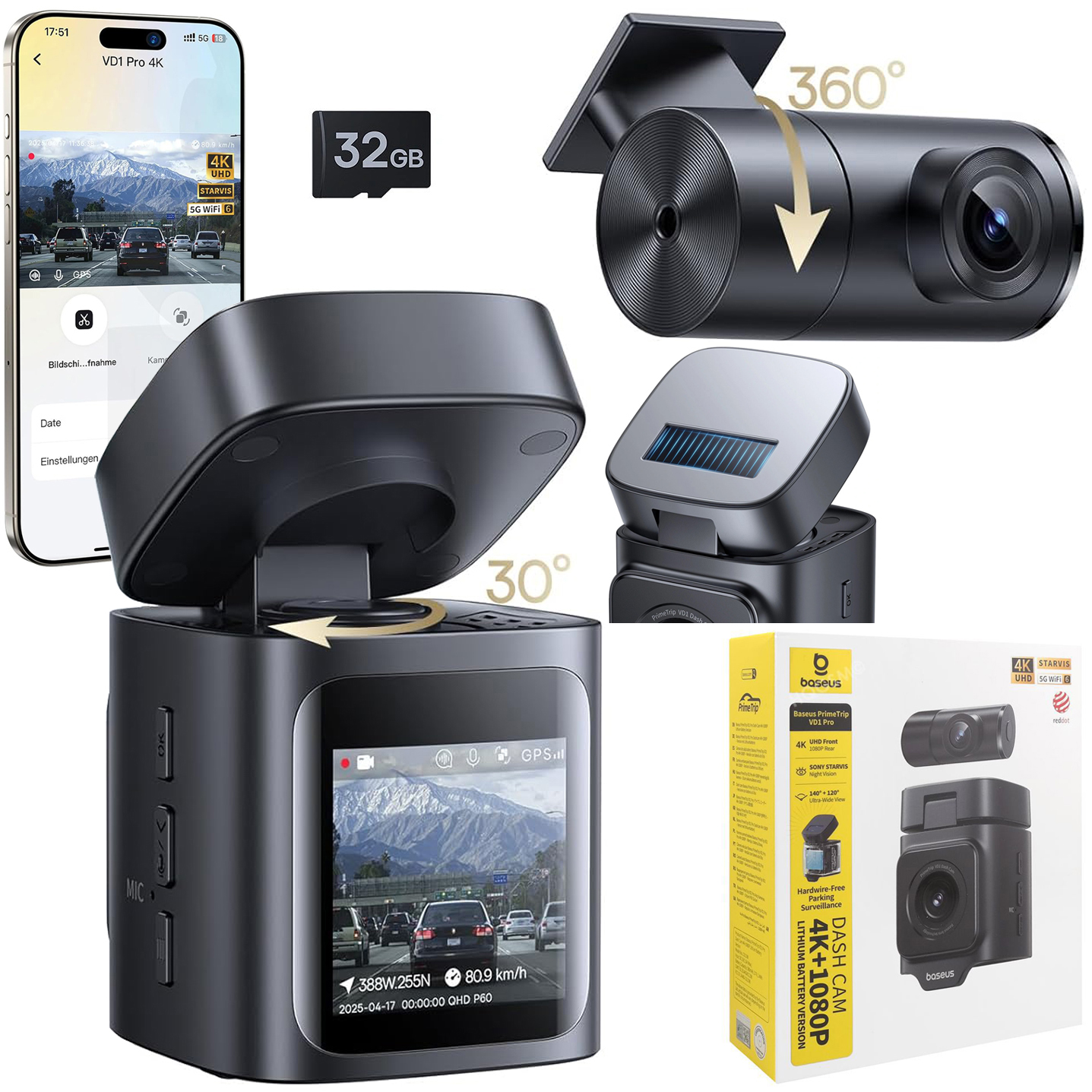 Baseus PrimeTrip VD1 Pro | Wideorejestrator Kamera Samochodowa Przód 4K UHD + Tył 1080p | GPS Wi-Fi + SD 32GB