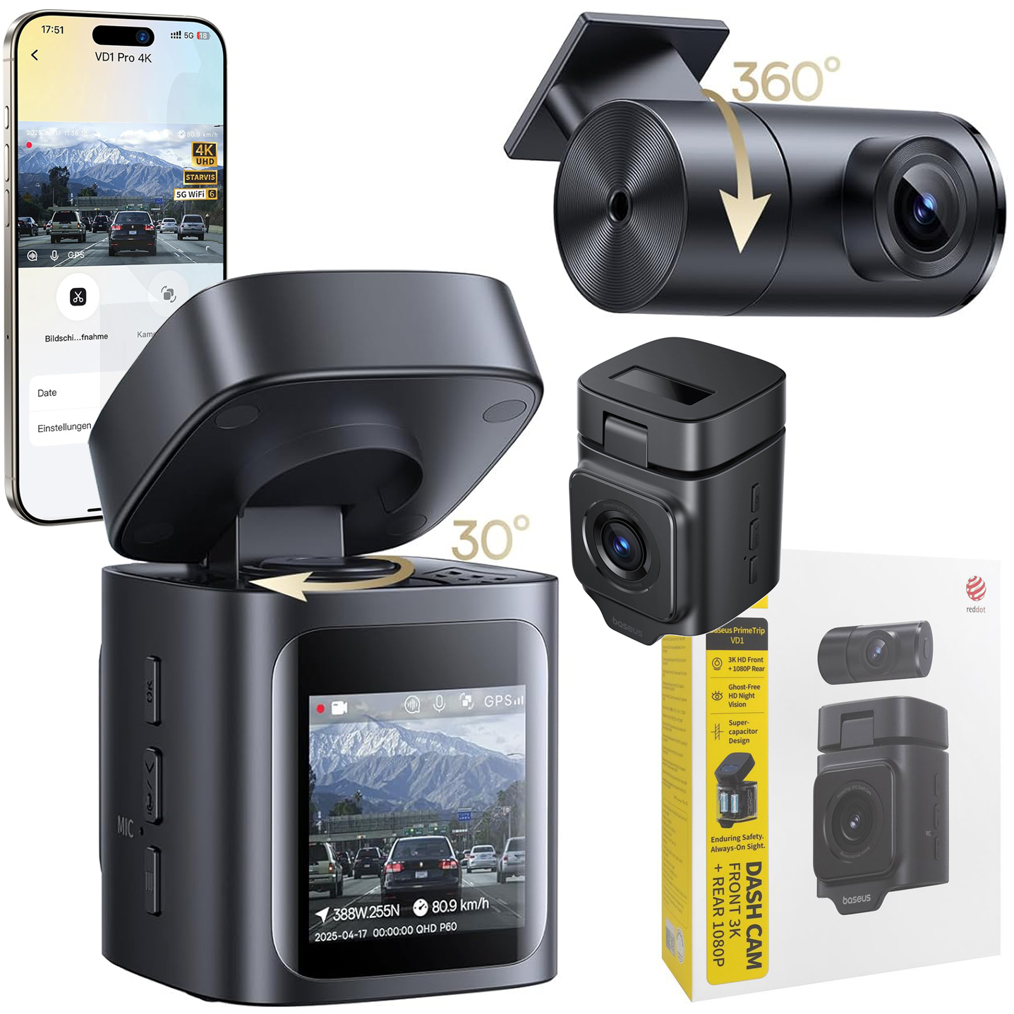 Baseus PrimeTrip VD1 | Wideorejestrator Kamera Samochodowa Przód 3K HD + Tył 1080p | GPS Wi-Fi