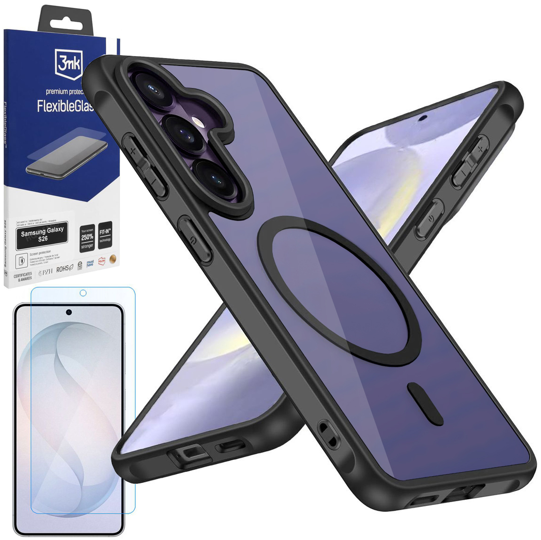 Etui Hybrydowe Magnetic Case | Clear Black + SZKŁO 3mk Flexible Glass do Samsung Galaxy S26