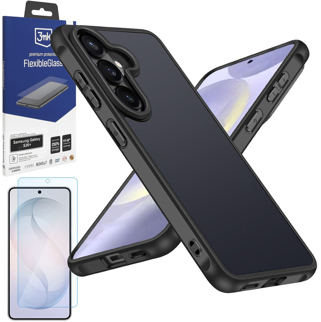 Etui Hybrydowe Case | Matte Black + SZKŁO 3mk Flexible Glass do Samsung Galaxy S26+ Plus