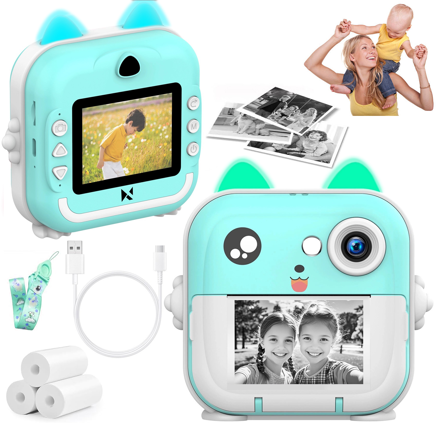 Drukuś | Aparat Natychmiastowy dla Dzieci Fotograficzny + Mini Drukarka | Kamera Gry | Zielony