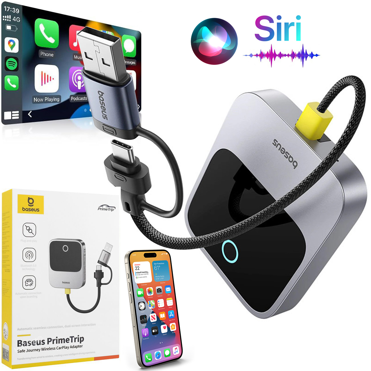 Baseus | Bezprzewodowy Adapter do Samochodu do Apple CarPlay | USB USB-C