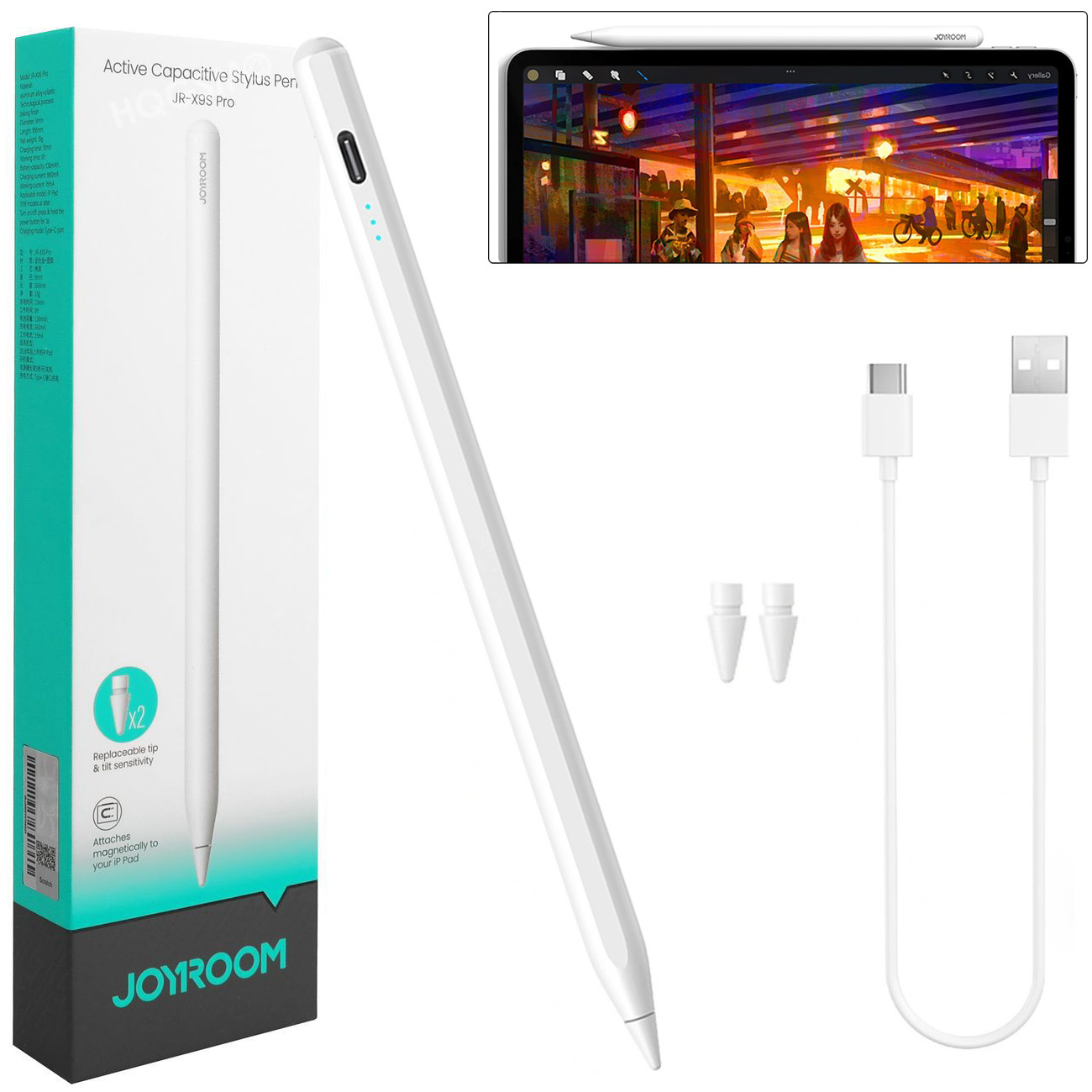 Joyroom Pencil | Aktywny Rysik z Portem USB-C + 2xKońcówki | Biały do Apple iPad