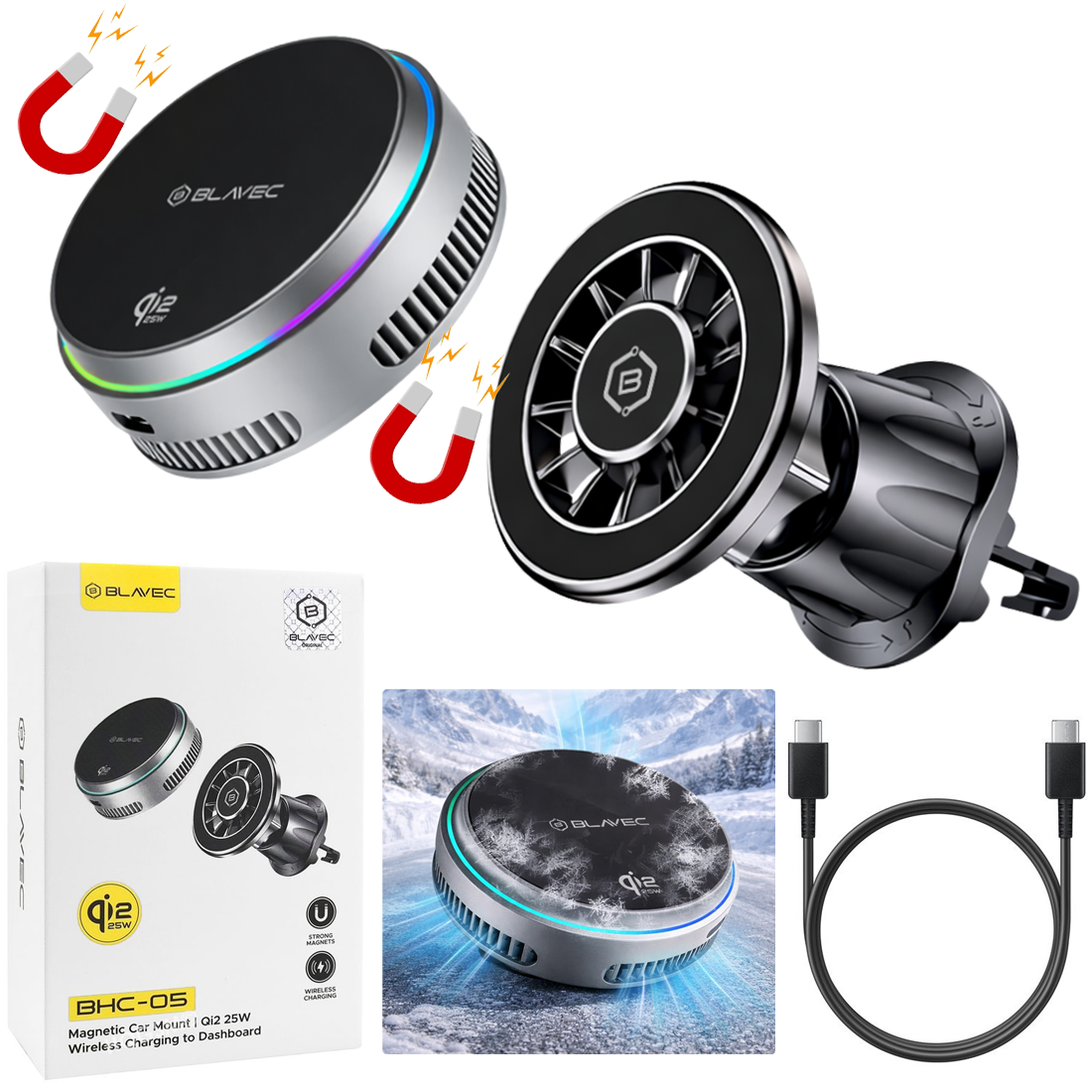 Blavec BHC-05 | Magnetyczny Uchwyt z Qi2.2 25W z Odczepianą Ładowarką Bezprzewodową | do Kratki