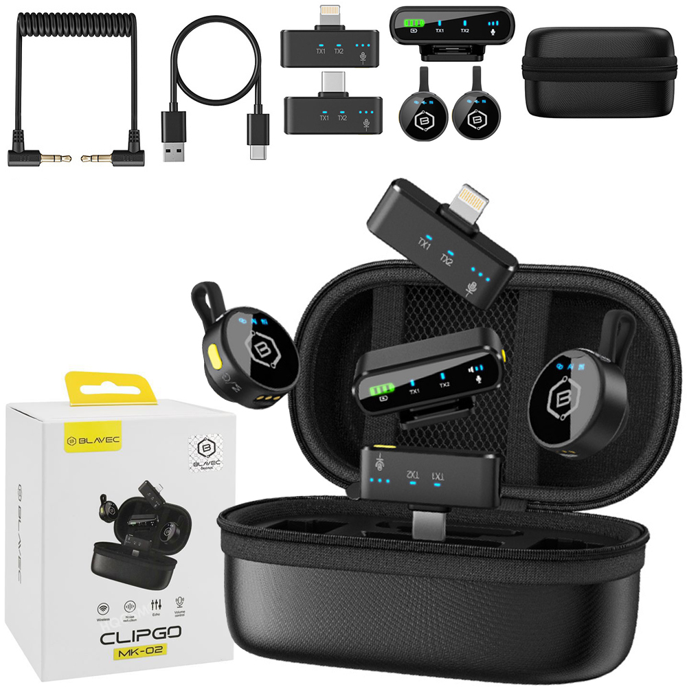 Blavec MK-02 | 2x Mikrofon Bezprzewodowy Krawatowy z Odbiornikiem USB-C / Lightning + Etui Ładujące