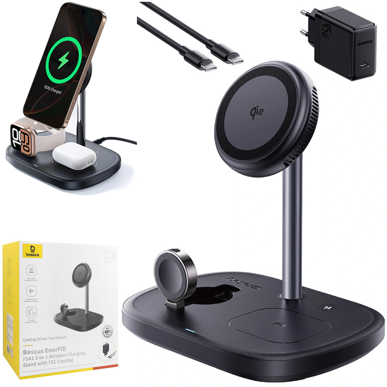 Baseus EnerFill | Bezprzewodowa Stacja Indukcyjna 3w1 Qi2 z Chłodzeniem + Zasilacz 45W