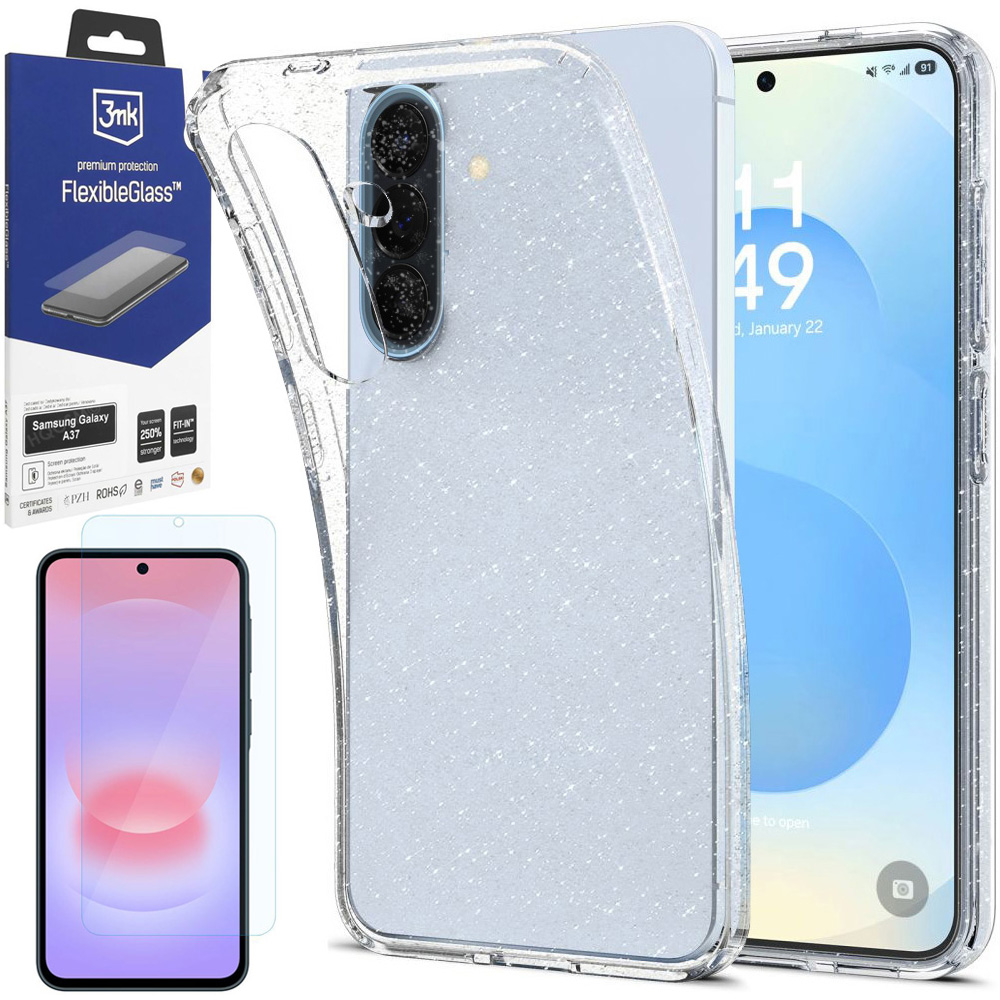 Cienkie Etui Flex GLITTER | Clear + SZKŁO 3mk Flexible Glass do Samsung Galaxy A37 5G