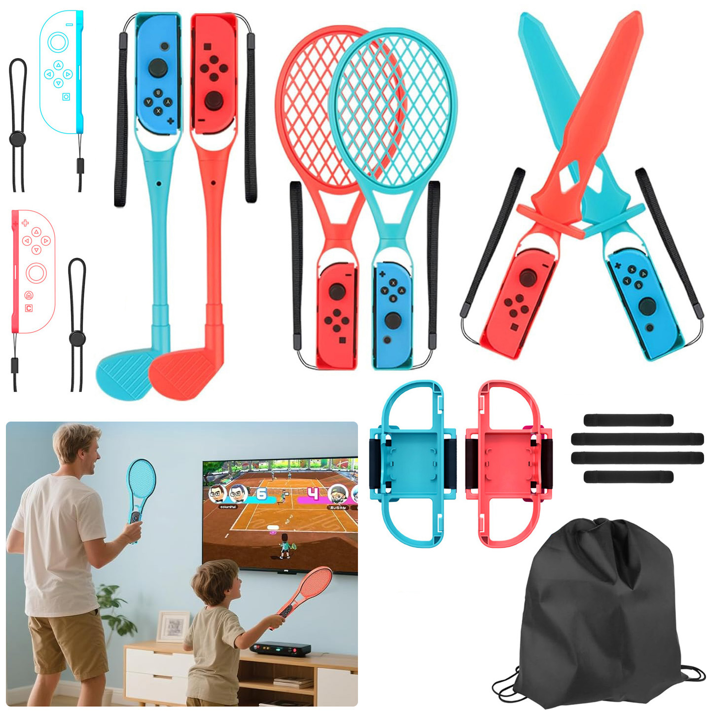 Zestaw 15w1 | Uchwyty na Joy-Con | Gripy na Rękę Sportowe | Blue & Red do Nintendo Switch