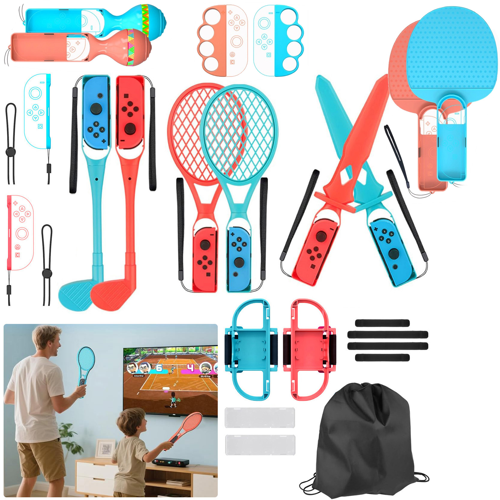 Zestaw 23w1: Uchwyty na Joy-Con | Gripy na Rękę Sportowe | Blue & Red do Nintendo Switch