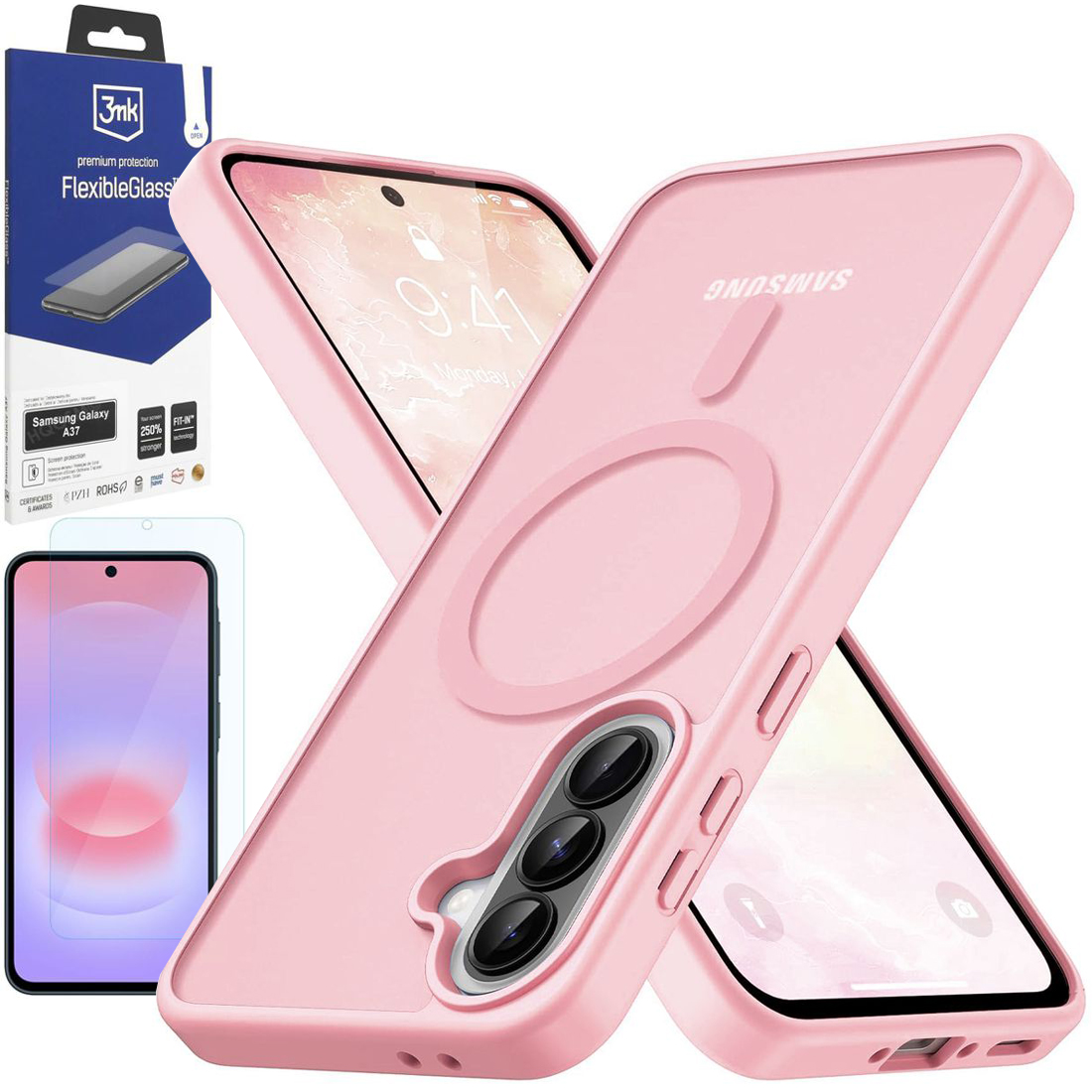 Etui Hybrydowe Magnetic Case | Matte Pink + SZKŁO 3mk Flexible Glass do Samsung Galaxy A37 5G