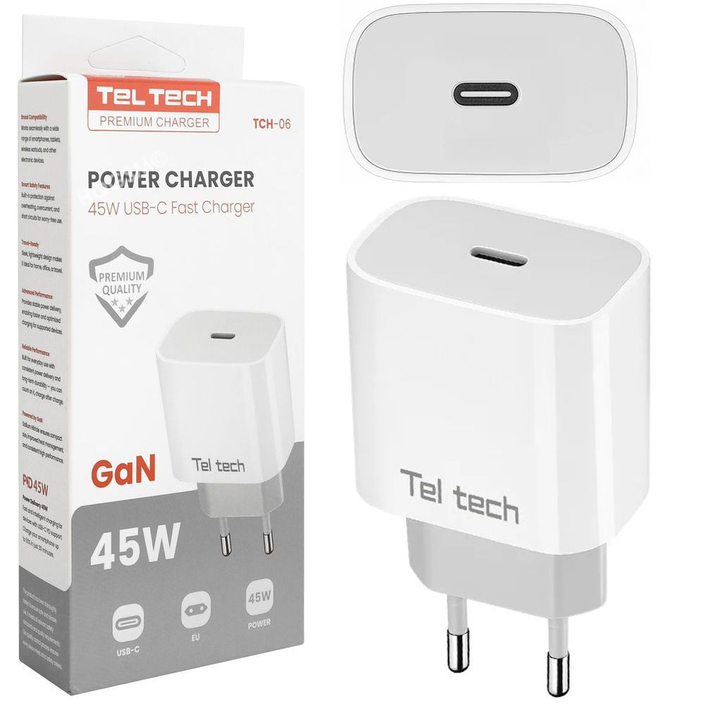 Teltech | Szybka Ładowarka Sieciowa USB-C | SFC2.0 GaN 45W | Biała