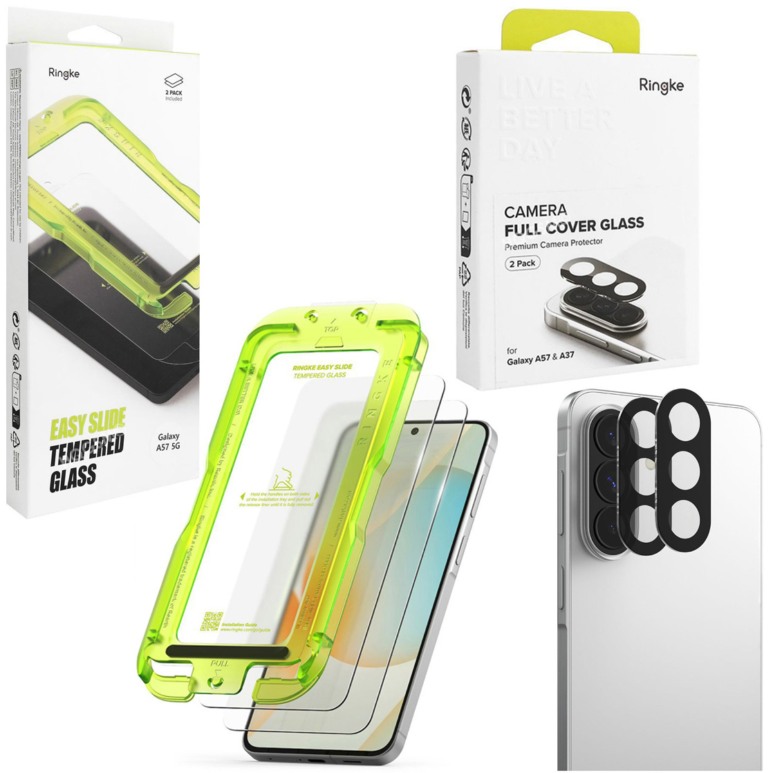 RINGKE: 2x Szkło Hartowane Easy Slide z aplikatorem + 2x Pełne Szkło na Aparat do Samsung Galaxy A57 5G