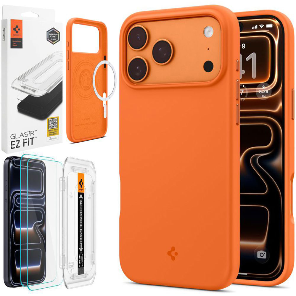 Etui SPIGEN Silicone Fit MagSafe | Cosmic Orange + 2x SZKŁO Spigen do Apple iPhone 17 Pro