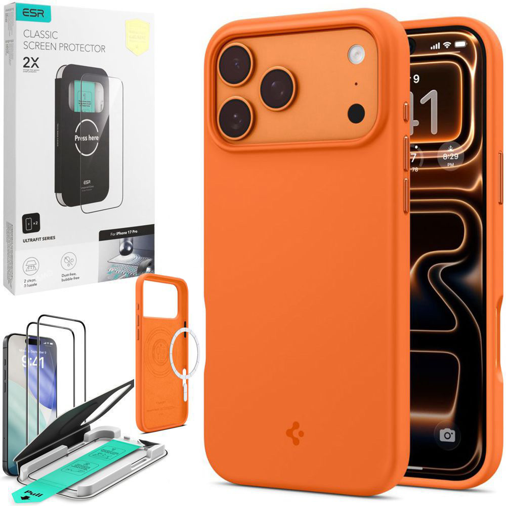 Etui SPIGEN Silicone Fit MagSafe | Cosmic Orange + 2x SZKŁO ESR do Apple iPhone 17 Pro