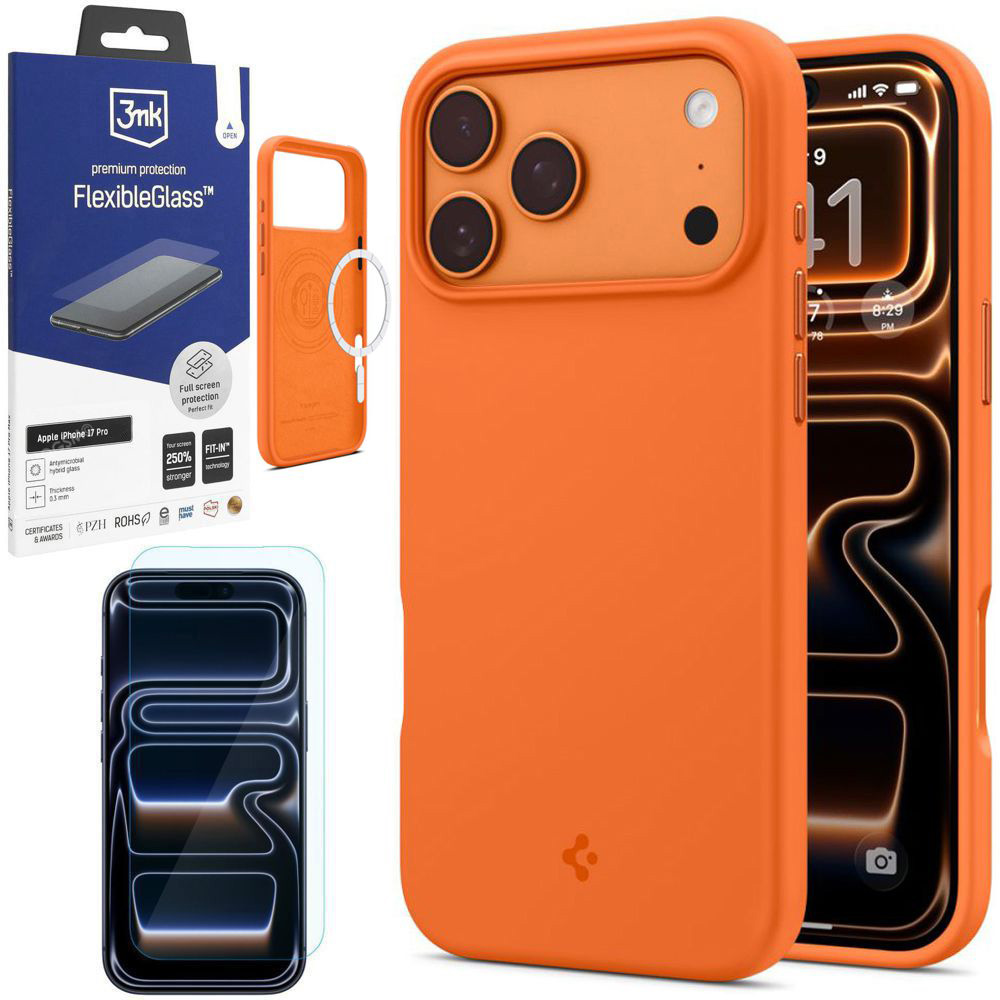 Etui SPIGEN Silicone Fit MagSafe | Cosmic Orange + SZKŁO 3mk do Apple iPhone 17 Pro