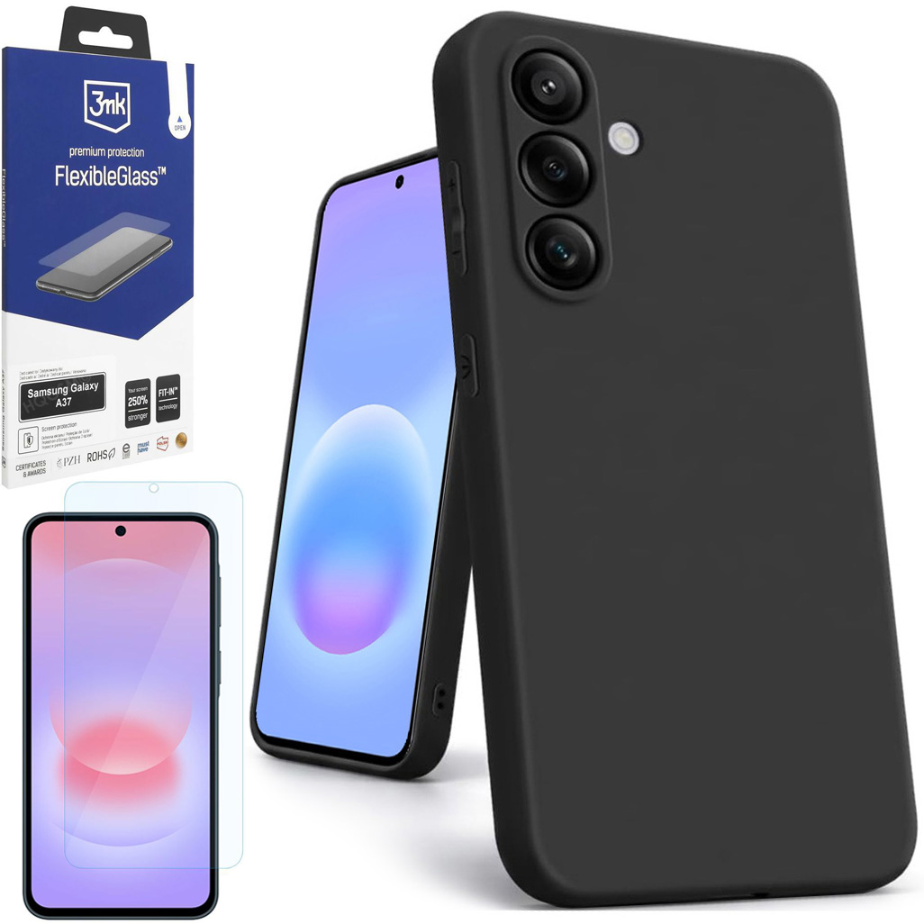 Etui Matt Silicone Case | Czarne + SZKŁO 3mk Flexible Glass do Samsung Galaxy A37 5G
