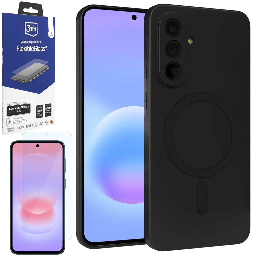 Etui Matt Silicone Magnetic Case | Czarne + SZKŁO 3mk Flexible Glass do Samsung Galaxy A37 5G