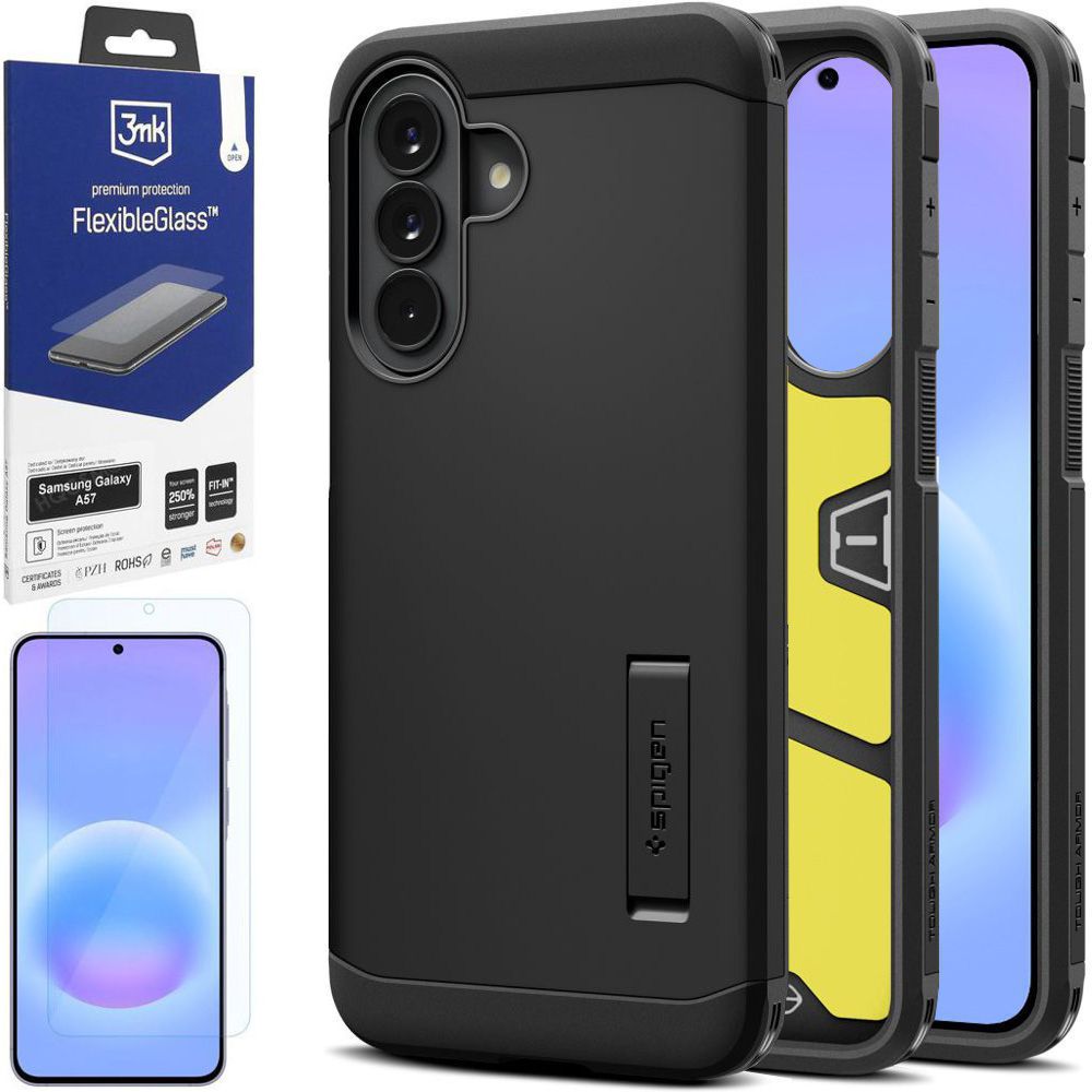 Pancerne Etui SPIGEN Tough Armor | Black + SZKŁO 3mk Flexible Glass do Samsung Galaxy A57 5G