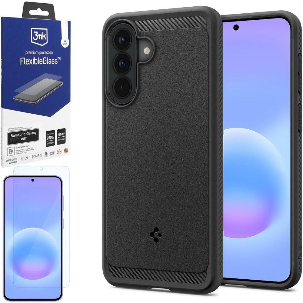 Etui SPIGEN Rugged Armor | Black + SZKŁO 3mk Flexible Glass do Samsung Galaxy A57 5G