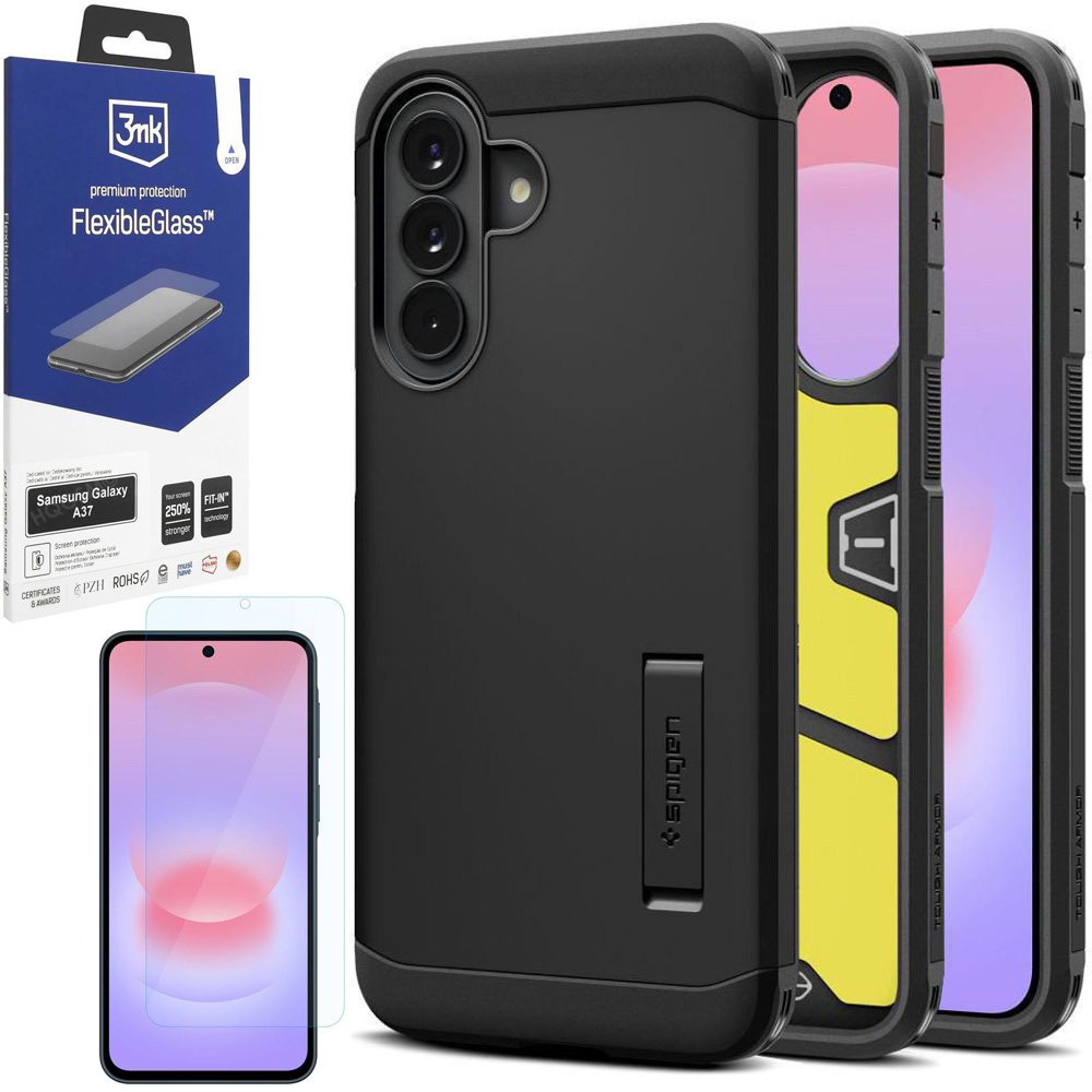 Pancerne Etui SPIGEN Tough Armor | Black + SZKŁO 3mk Flexible Glass do Samsung Galaxy A37 5G