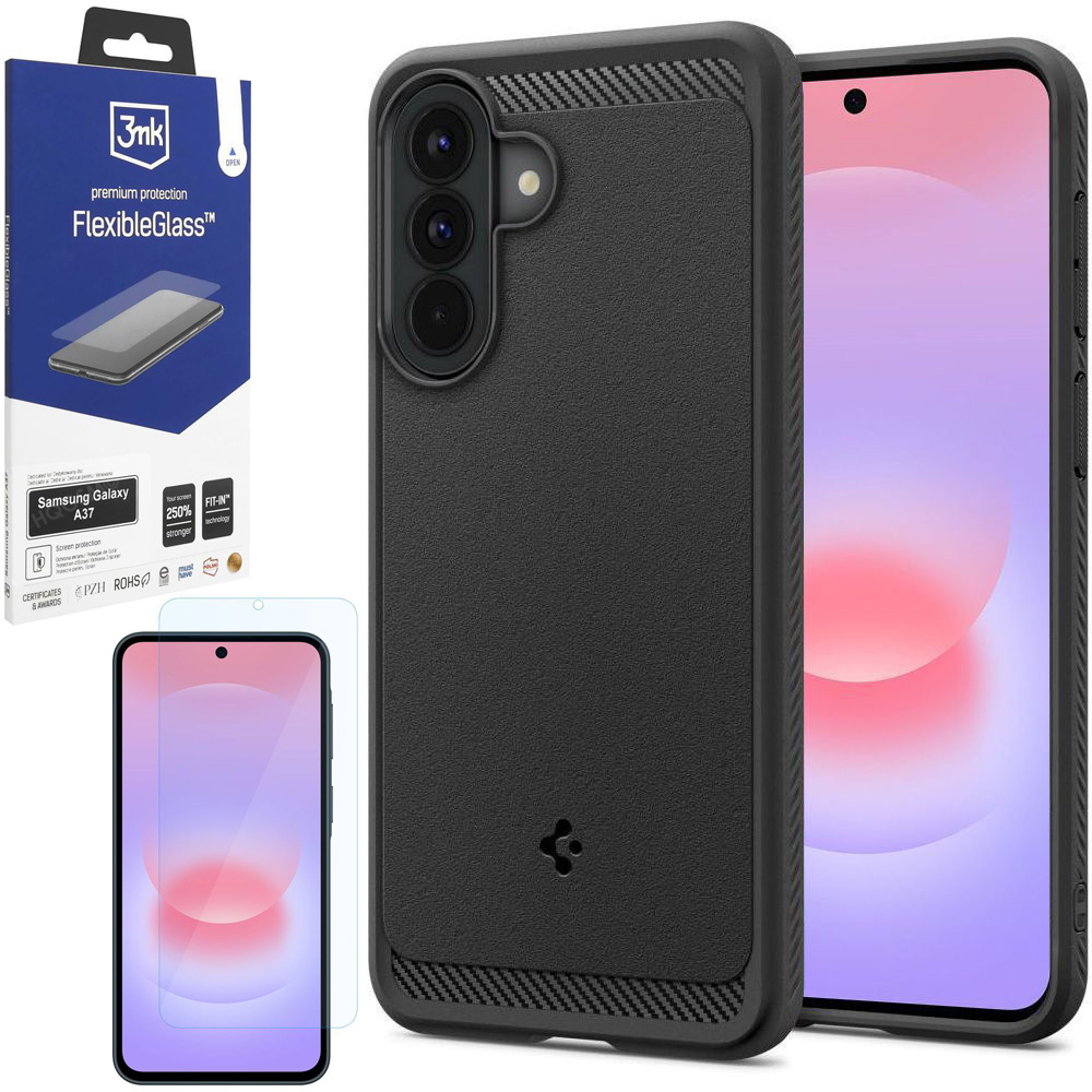 Etui SPIGEN Rugged Armor | Black + SZKŁO 3mk Flexible Glass do Samsung Galaxy A37 5G