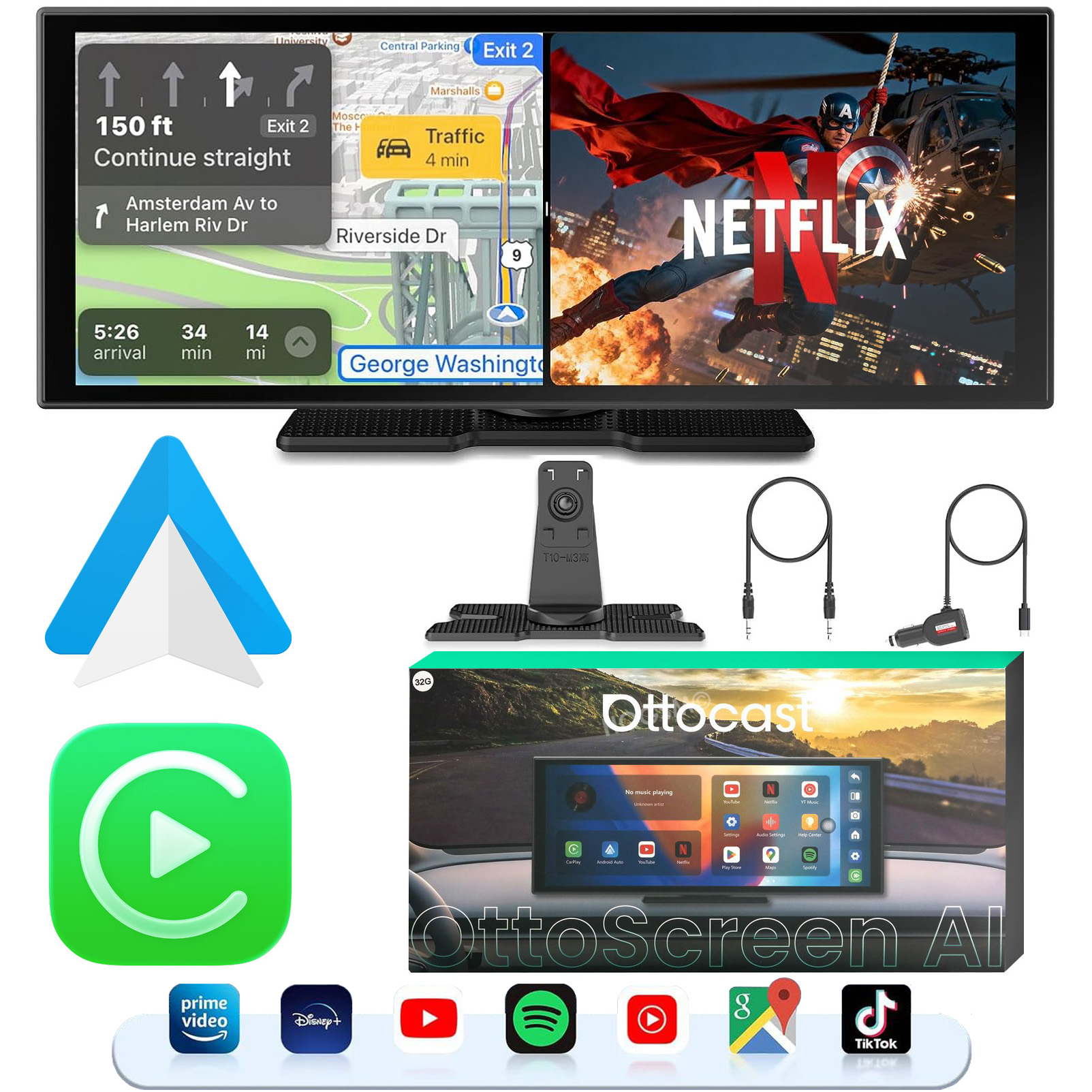 Ottocast Ottoscreen AI | Inteligentny Ekran do Samochodu z Apple CarPlay i Android Auto
