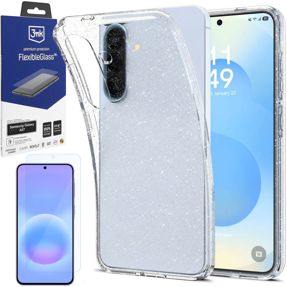 Cienkie Etui Flex GLITTER | Clear + SZKŁO 3mk Flexible Glass do Samsung Galaxy A57 5G
