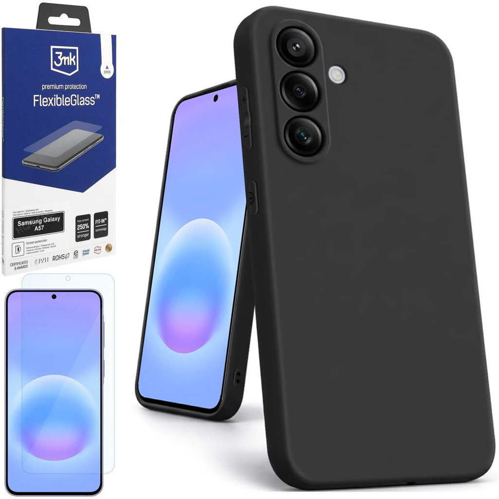 Etui Matt Silicone Case | Czarne + SZKŁO 3mk Flexible Glass do Samsung Galaxy A57 5G