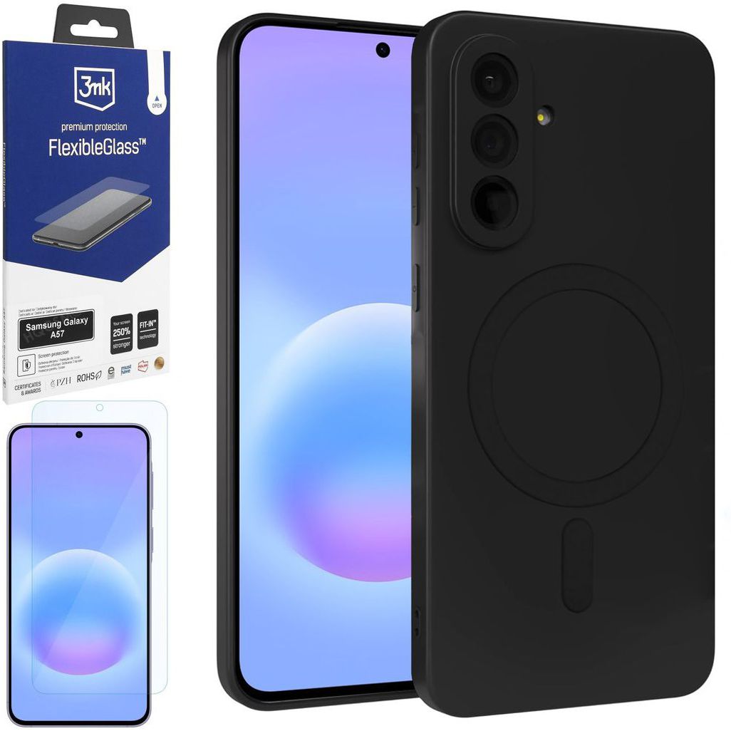 Etui Matt Silicone Magnetic Case | Czarne + SZKŁO 3mk Flexible Glass do Samsung Galaxy A57 5G