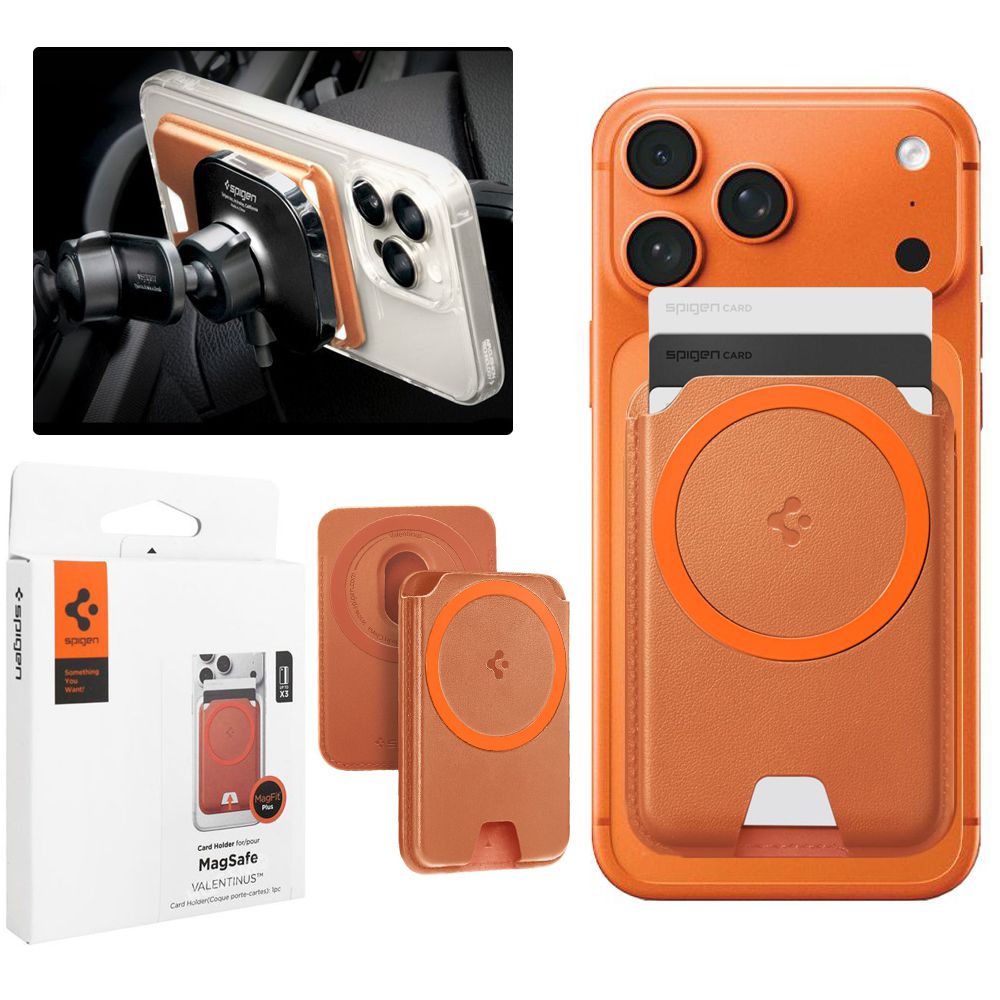 Spigen Valentinus Card Holder | Etui Portfel na 3 Karty | Podwójny MagSafe | Metallic Orange