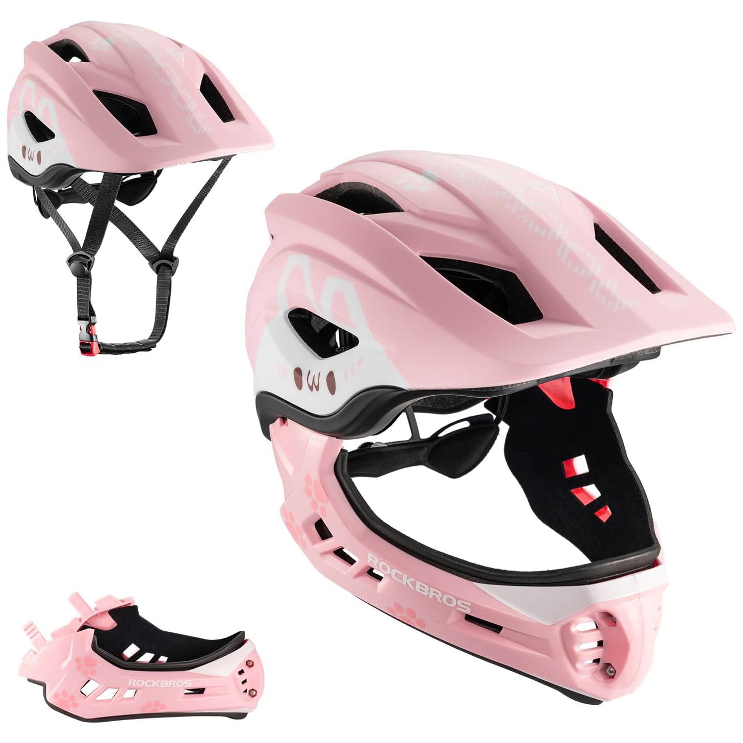 RockBros | Kask Rowerowy Full Face z Odpinaną Szczęką dla Dziecka | M 54-58cm | Pink Rabbit