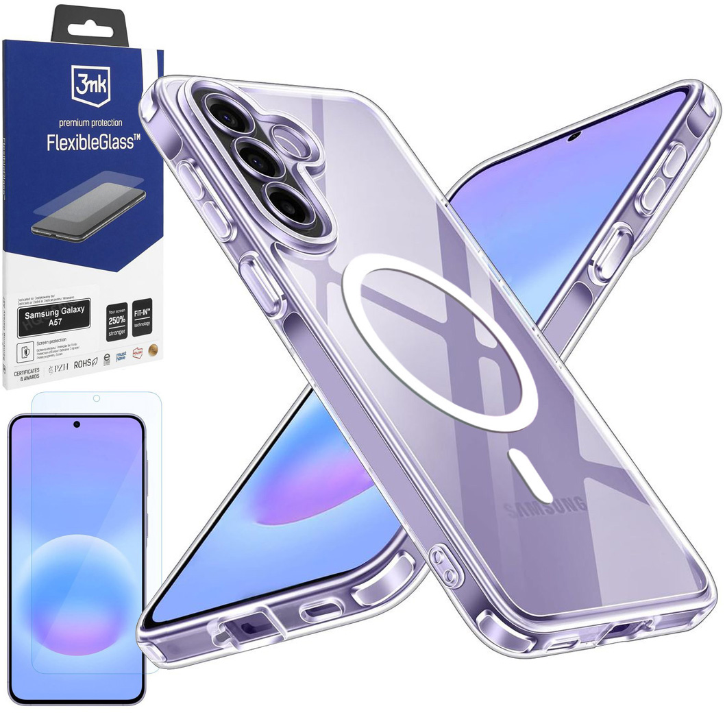 Etui Hybrydowe Magnetic Case | Clear White + SZKŁO 3mk Flexible Glass do Samsung Galaxy A57 5G