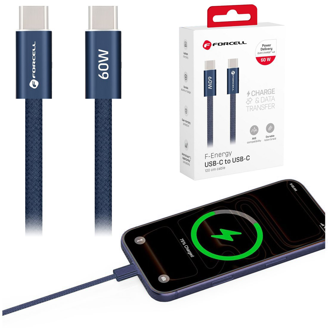 Forcell | Szybki Kabel USB-C 60W PD QC4.0 | 1.2m | Blue