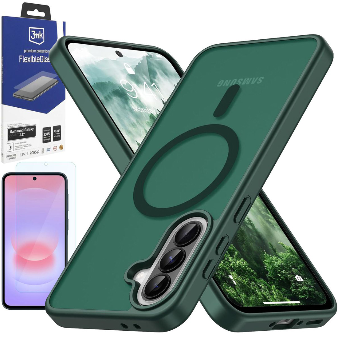Etui Hybrydowe Magnetic Case | Matte Green + SZKŁO 3mk Flexible Glass do Samsung Galaxy A37 5G