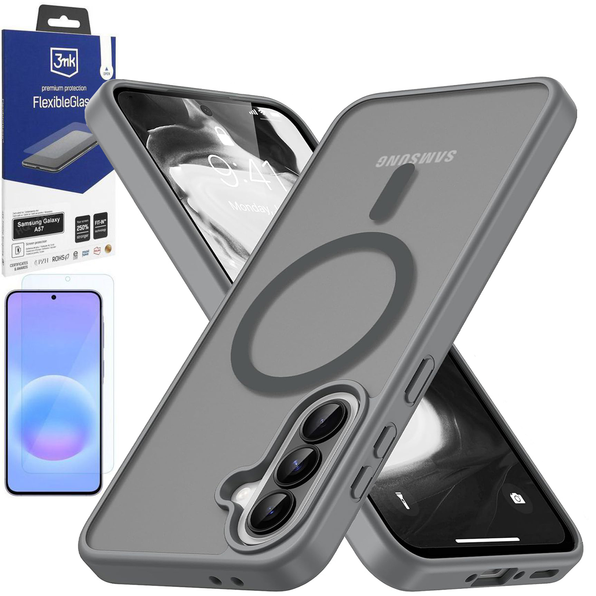 Etui Hybrydowe Magnetic Case | Matte Grey + SZKŁO 3mk Flexible Glass do Samsung Galaxy A57 5G