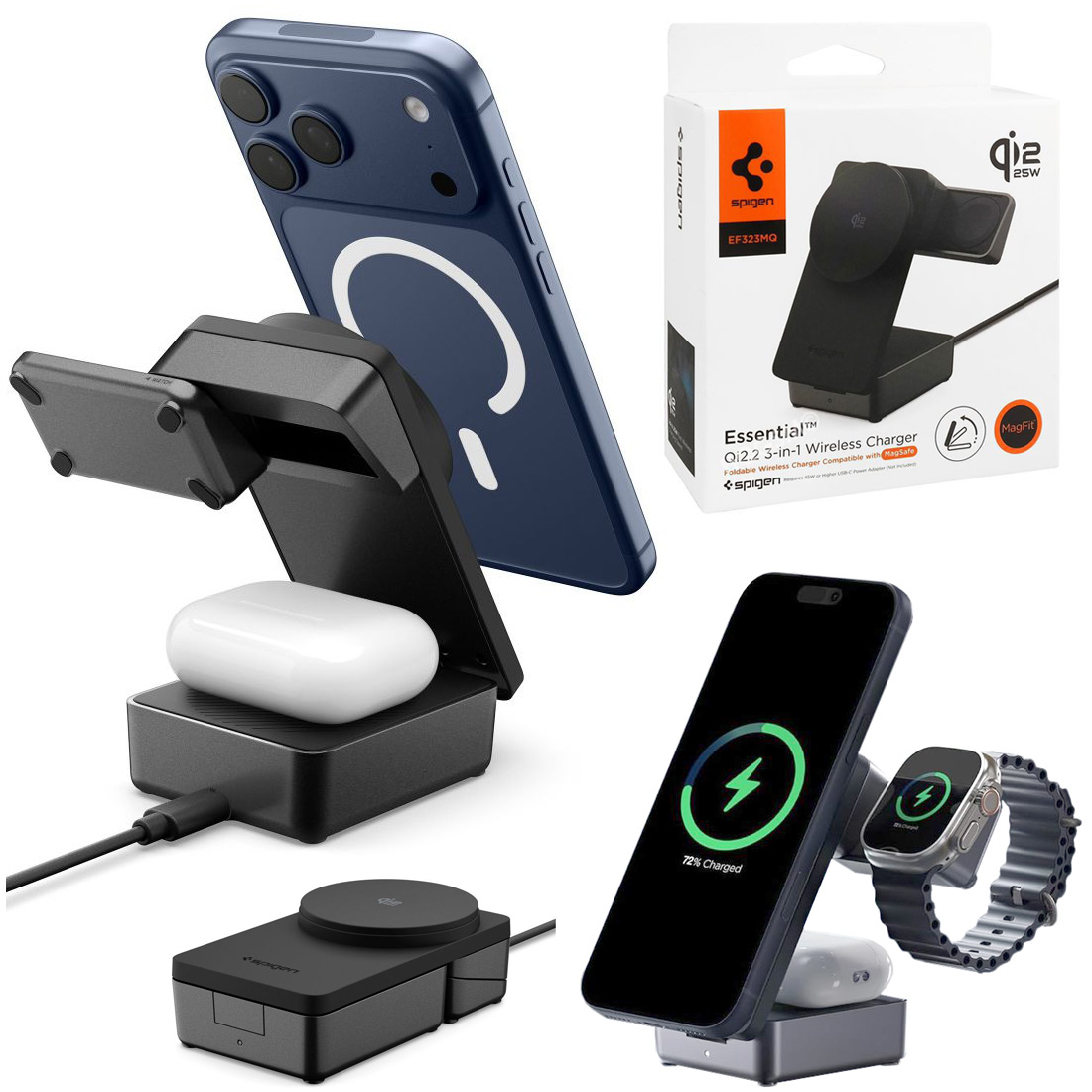 Spigen Essential Qi2.2 25W | EF323MQ | Składana Bezprzewodowa Stacja Ładowarka 3w1