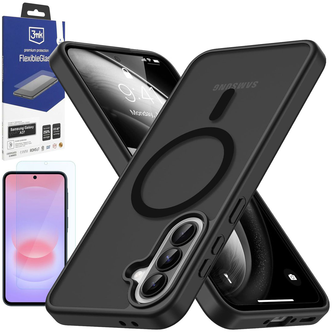 Etui Hybrydowe Magnetic Case | Matte Black + SZKŁO 3mk Flexible Glass do Samsung Galaxy A37 5G