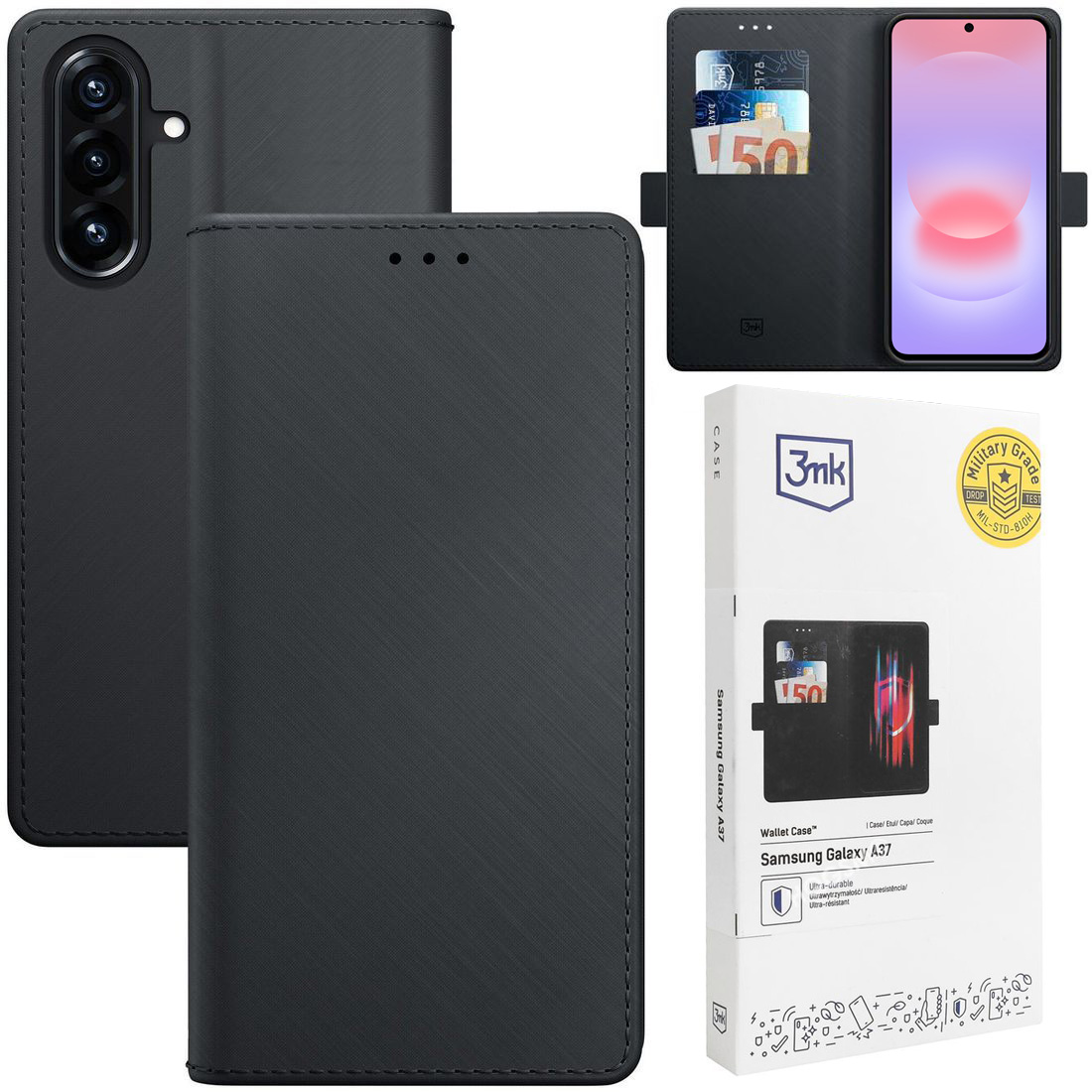 Zamykane Etui z Klapką | 3mk Wallet Case | Czarne do Samsung Galaxy A37 5G