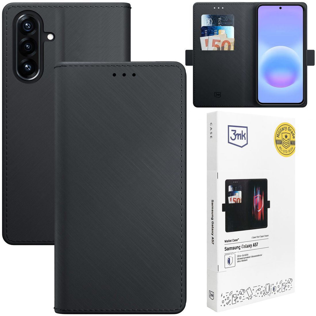 Zamykane Etui z Klapką | 3mk Wallet Case | Czarne do Samsung Galaxy A57 5G