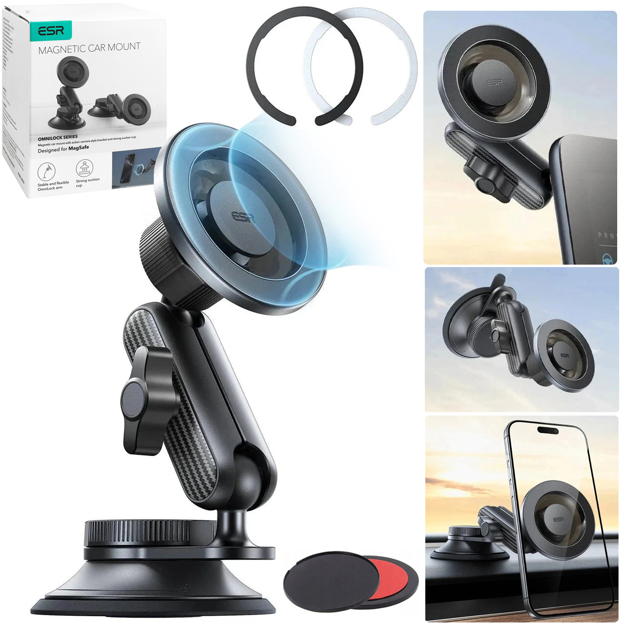 ESR OmniLock | Magnetyczny Składany Uchwyt Samochodowy | MagFit MagSafe Qi2 | Obrotowy