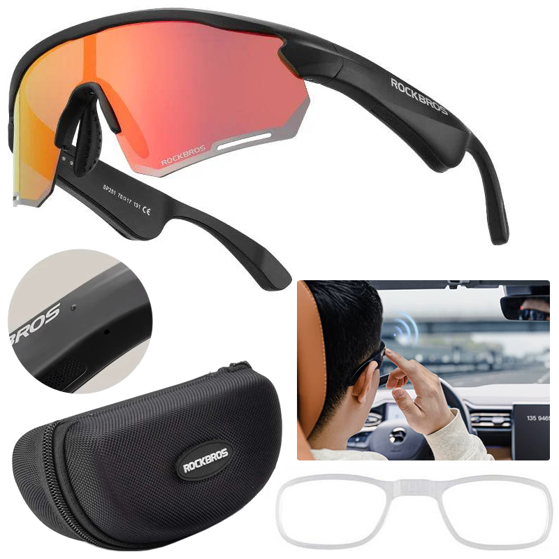 RockBros | Okulary Rowerowe Polaryzujące z Wbudowanymi Głośnikami Bluetooth | UV400 | Black & Red