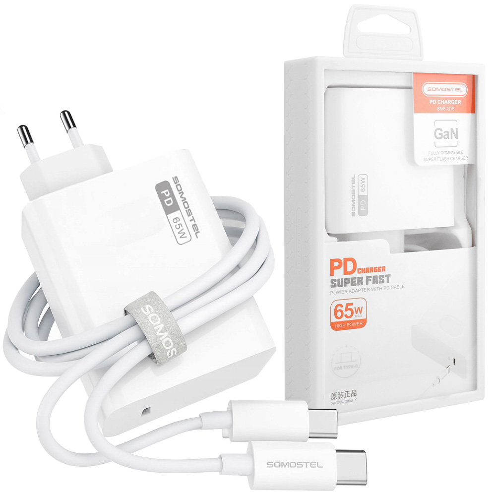 Somostel | Szybka Ładowarka Sieciowa USB-C | GaN 65W PD QC | Biała + Kabel 1m