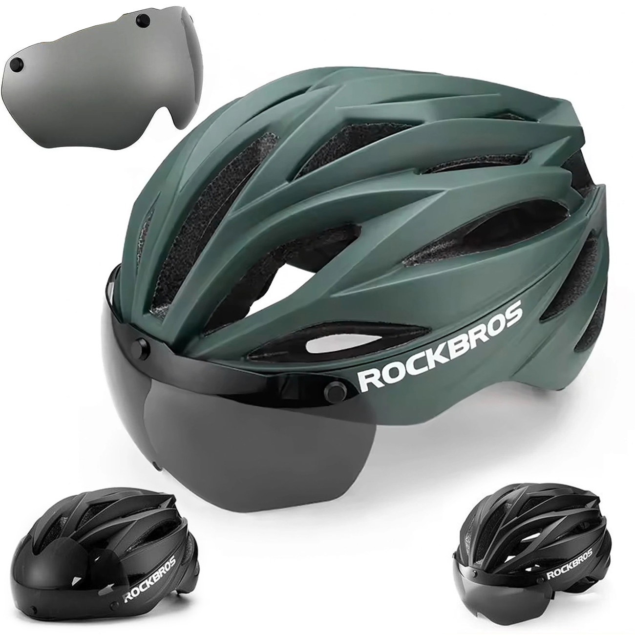 RockBros | Kask Rowerowy z Magnetycznymi Okularami UV | Unisex 58-62cm | Matte Green