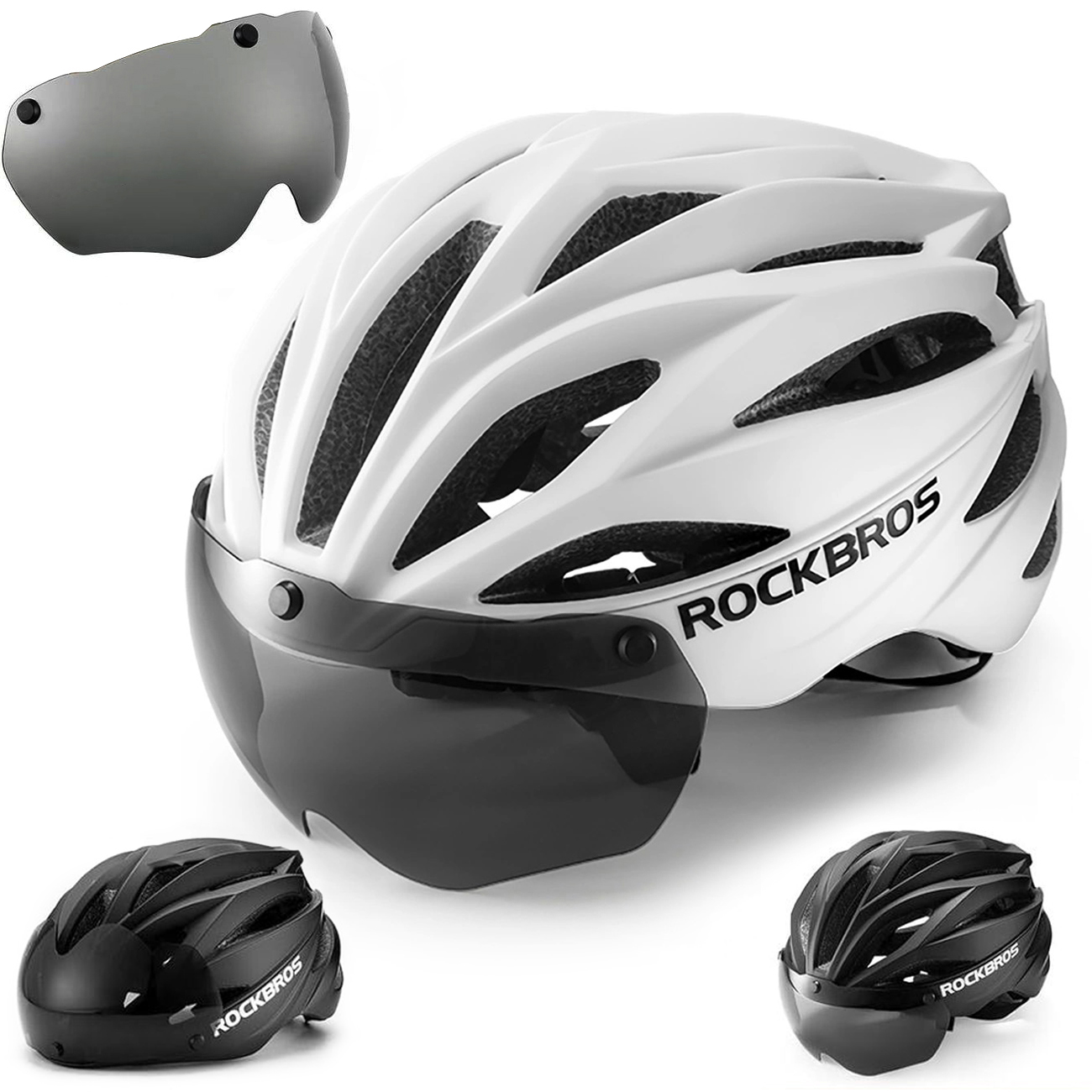 RockBros | Kask Rowerowy z Magnetycznymi Okularami UV | Unisex 58-62cm | Matte White