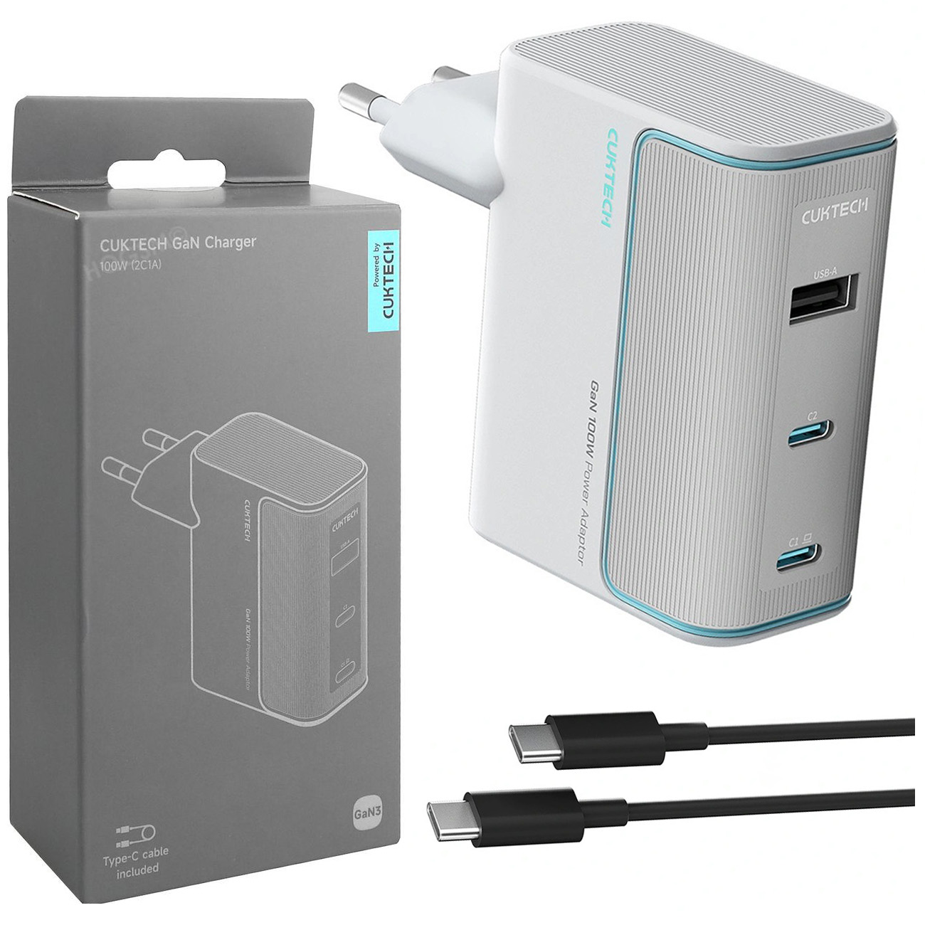 Cuktech | SZYBKA Ładowarka Sieciowa 2x USB-C USB-A | GaN 100W | Biała + Kabel